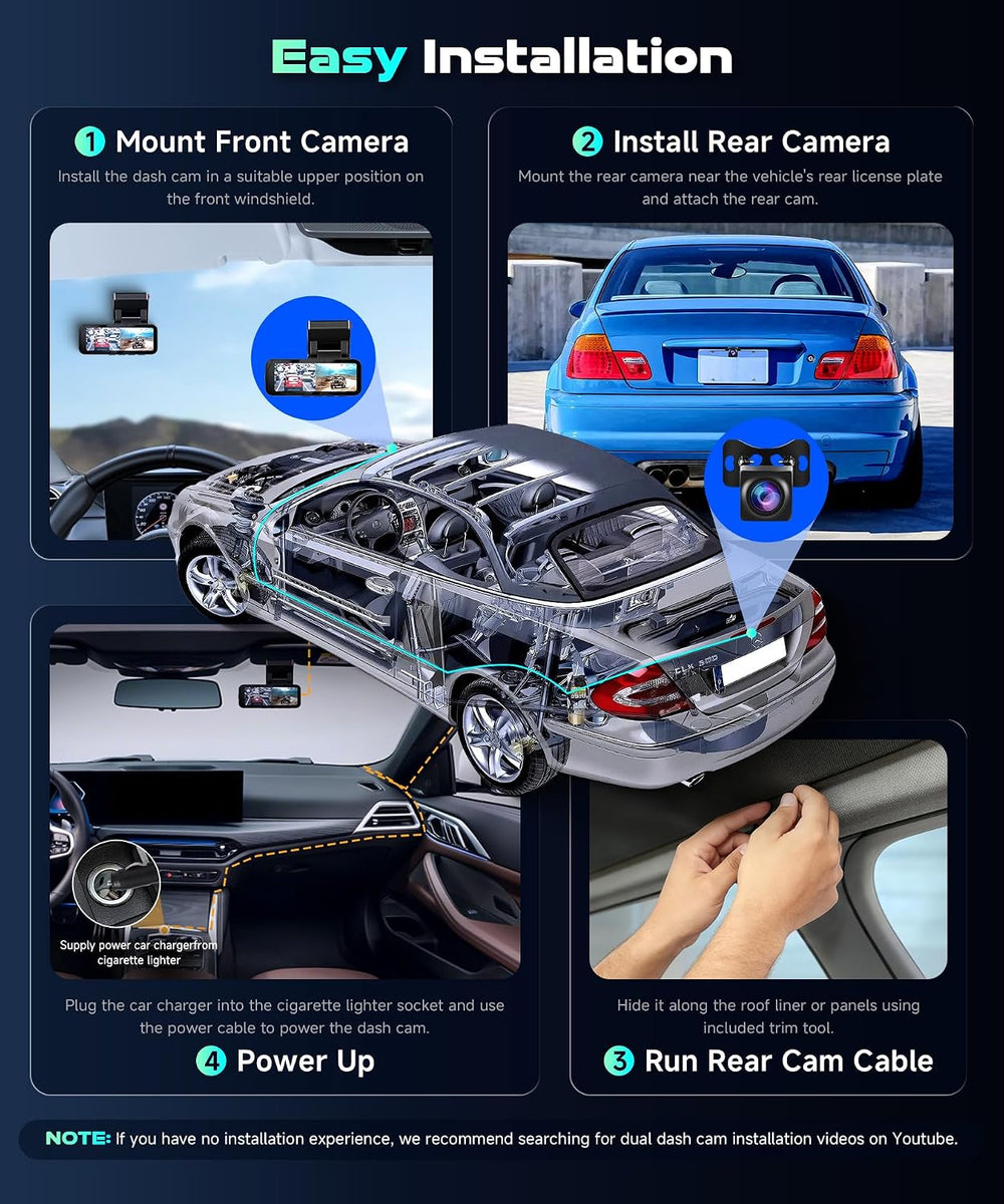 MAHVEC Dual Dash Cam Front and Rear,4K Front 2K Rear Inside Free 64GB Card