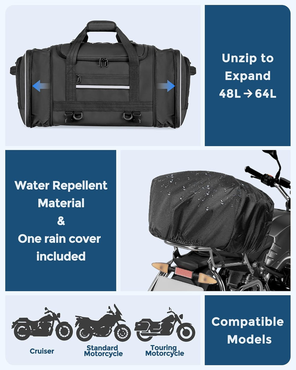 Marscamd Waterproof Motorcycle Tail Luggage Bag, 48L-64L Expandable, a Rain C...
