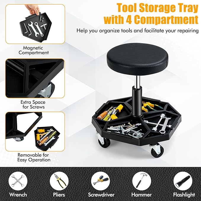 Adjustable Mechanic Rolling Stool, Pneumatic Rolling Stool