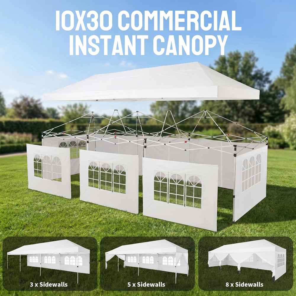 CROWN SHADES 10X30 Pop Up Canopy Tent with Sidewalls, Instant Setup, White