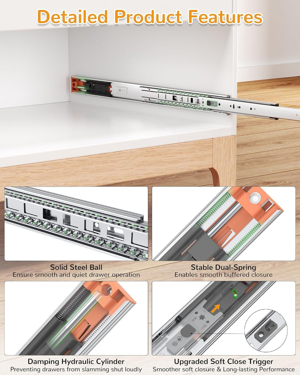 Chibery 24" Side Mount Soft Close Drawer Slides, Full Extension, 10 Pairs