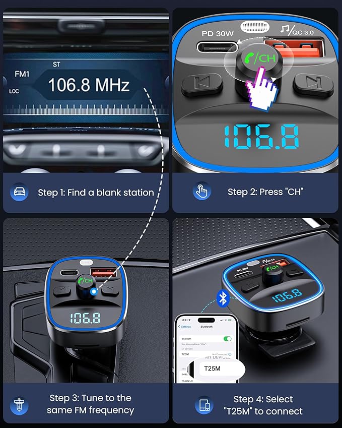 LENCENT Bluetooth 5.4 FM Transmitter Car Adapter 48W Wireless Radio Music