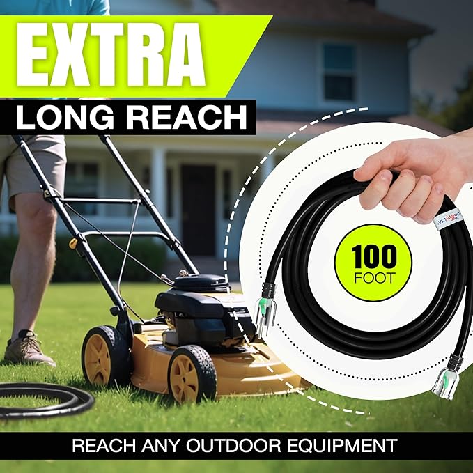 100ft Outdoor/Indoor Extension Cord 16/3 Gauge Heavy Duty 3 Prong SJTW