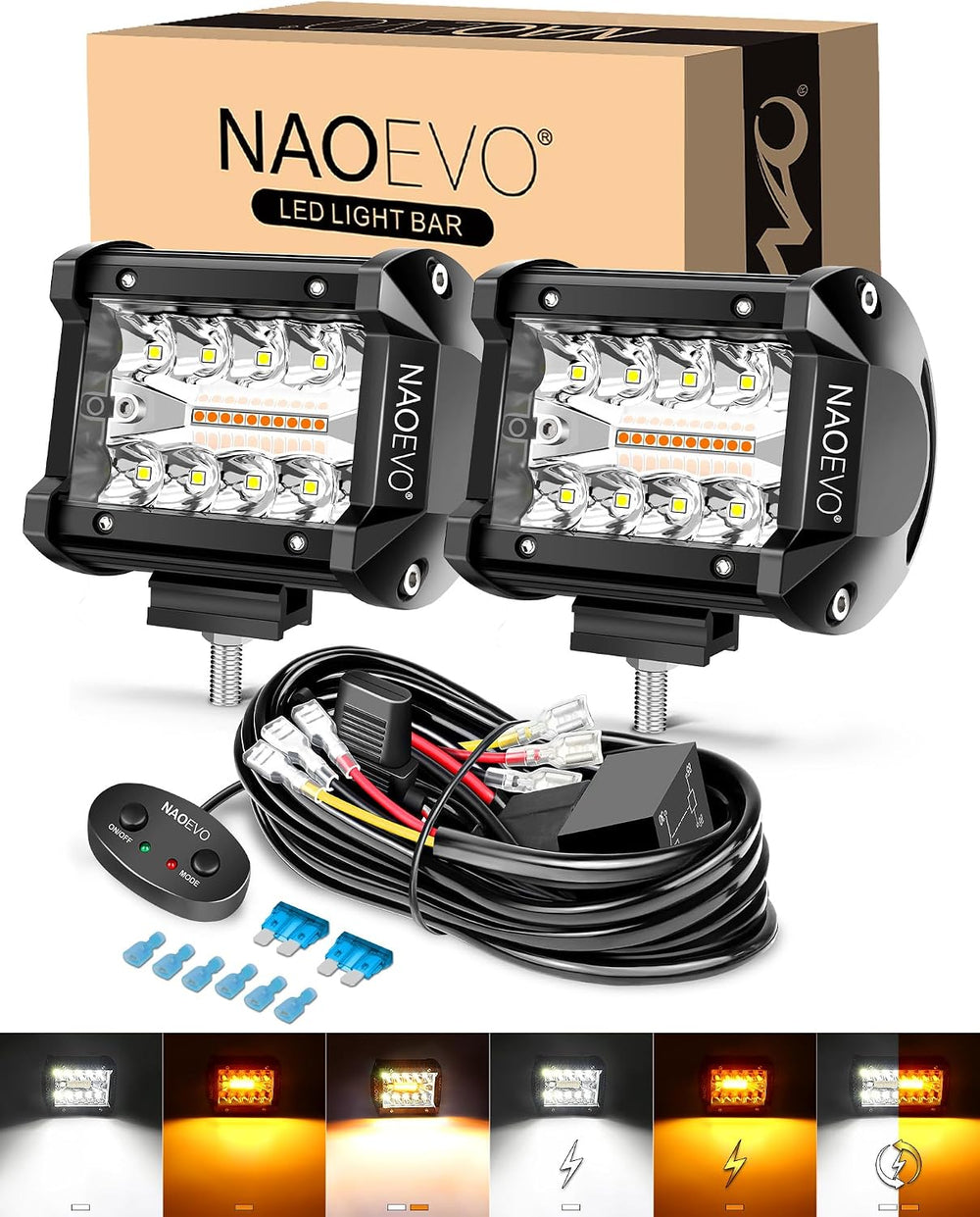 NAOEVO 4 Inch LED Pod Lights, 6-Mode LED Strobe Lights with 2-Lead Harness
