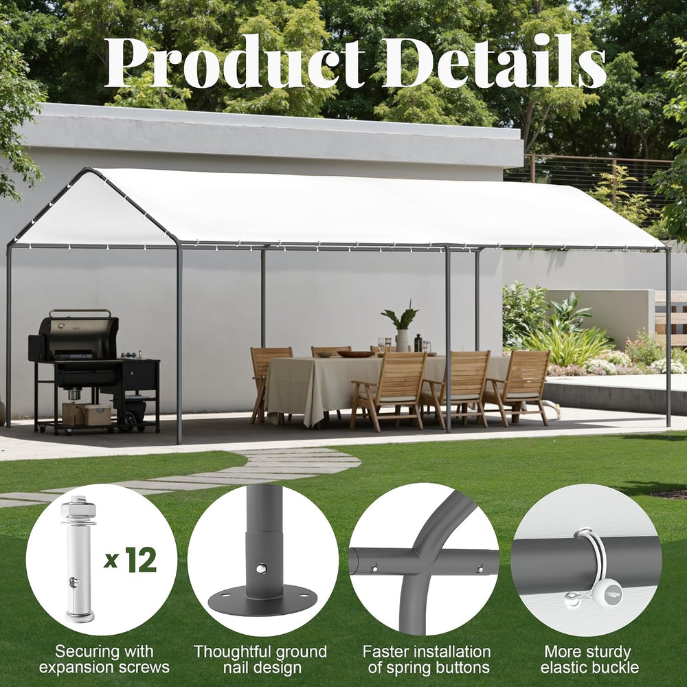 Carport, 10‘ x 20’ Garage Car Canopy w/Water-Resistant Top Cover, White