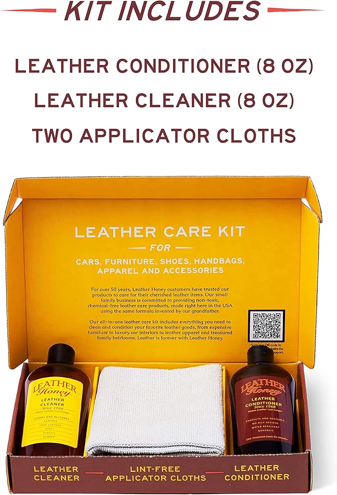 Leather Honey Complete Leather Care Kit: Cleaner, Conditioner, 2 Cloths.