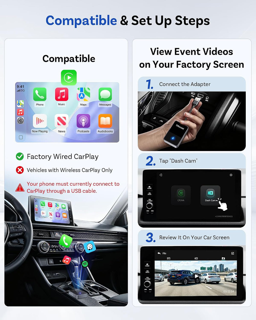 OTTOCAST Safe Cam Dash Cam Front and Rear with Wireless CarPlay Adapter