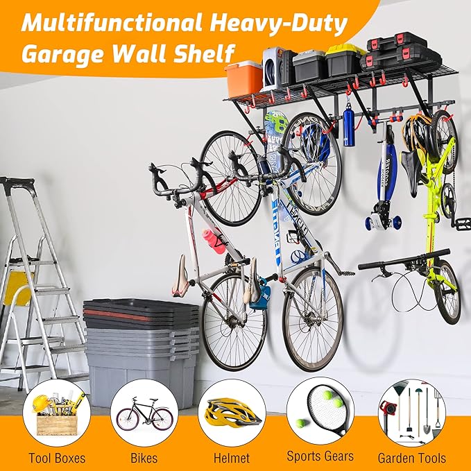 PLKOW Garage Wall Shelving 1 Pack Includes 2 Bike Hooks, Wall Shelves Garage