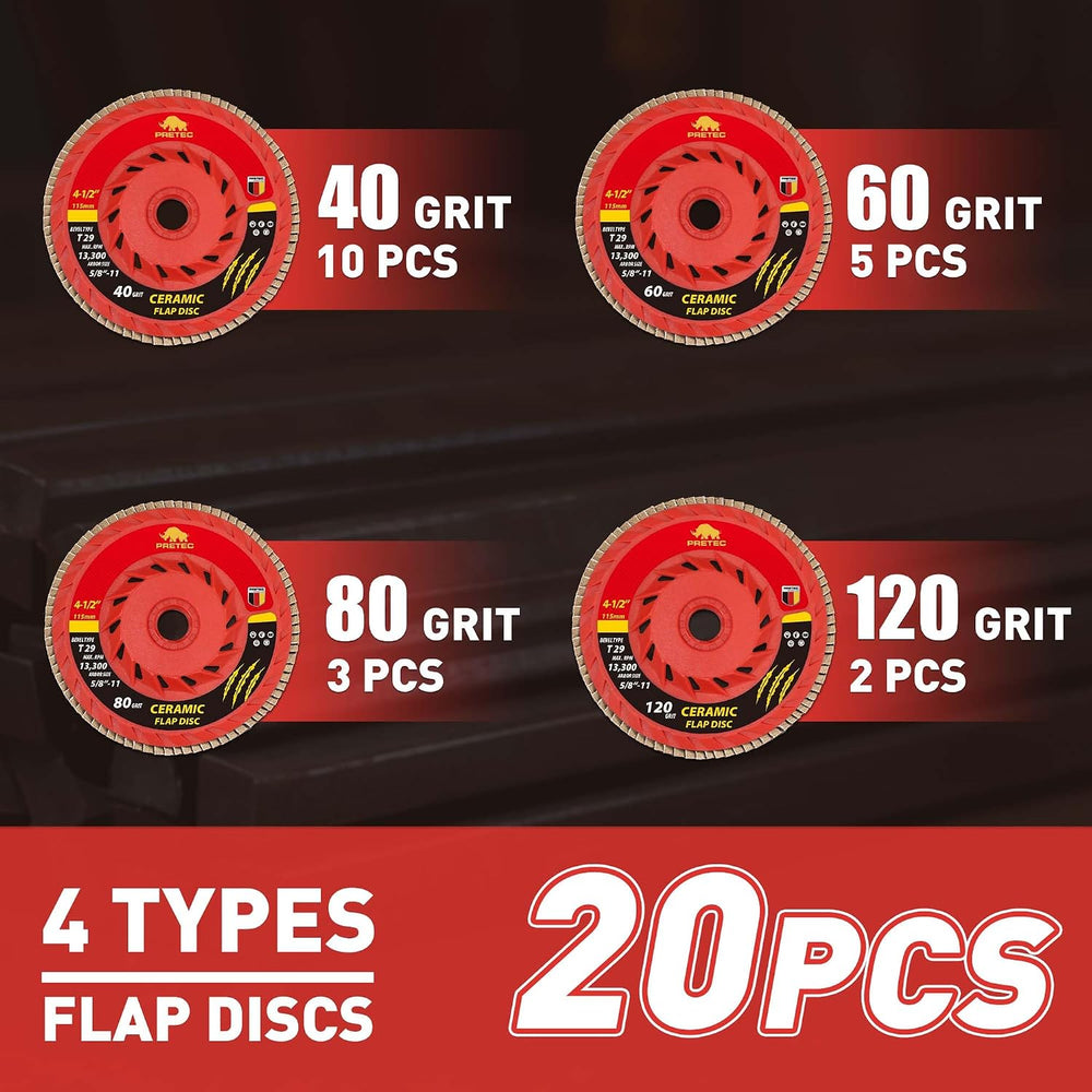 Ceramic Flap Discs 4 1/2 for Angle Grinder, 40/60/80/120 Grit, 20 Pack