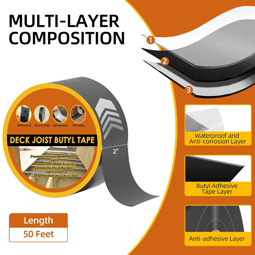 Butyl Joist Tape for Decking 2''×50', 4 Rolls Waterproof Deck Tape