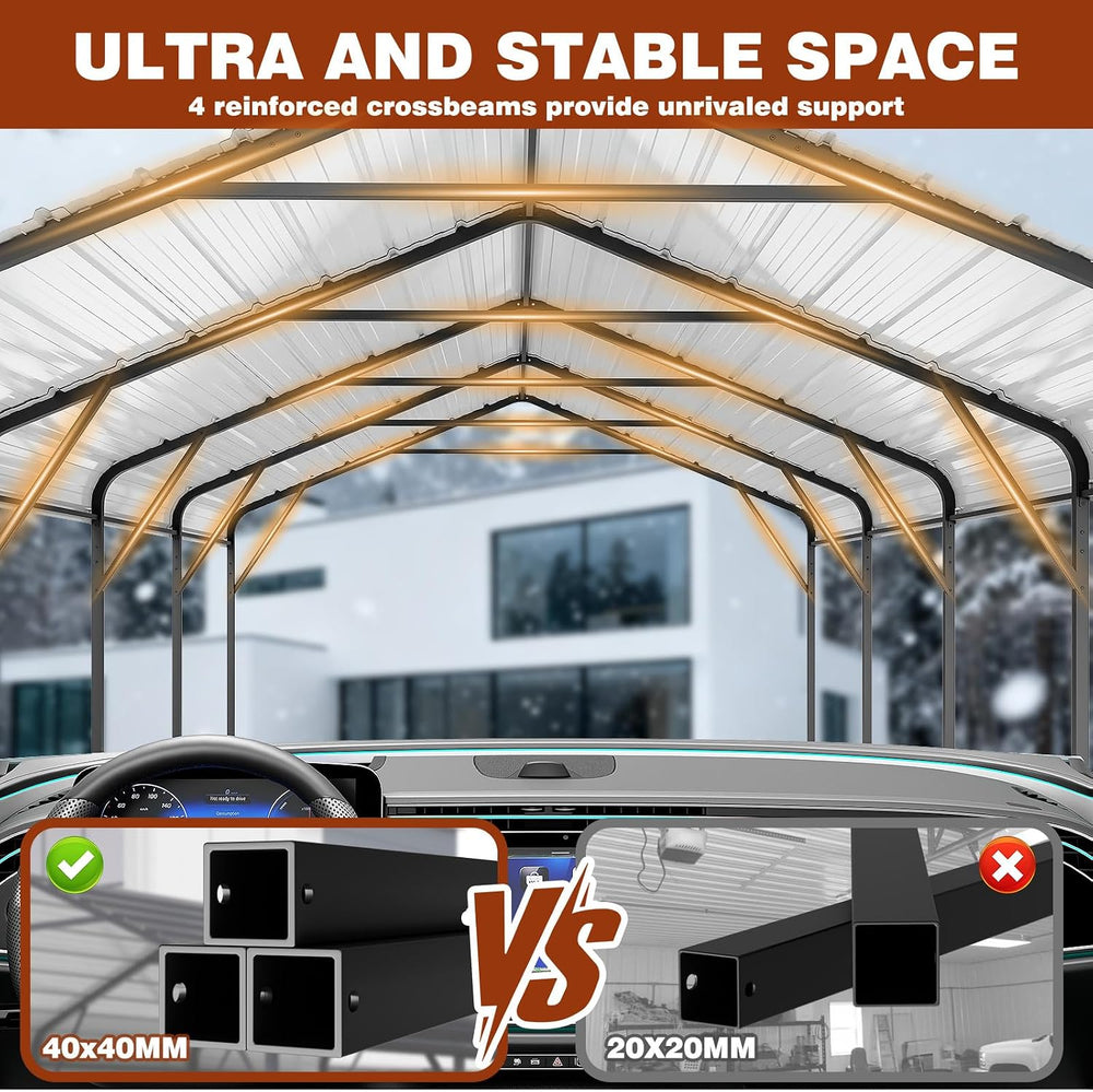 12x20 FT Oversized Metal Carport, Galvanized Steel Car Canopy with Enhanced B...