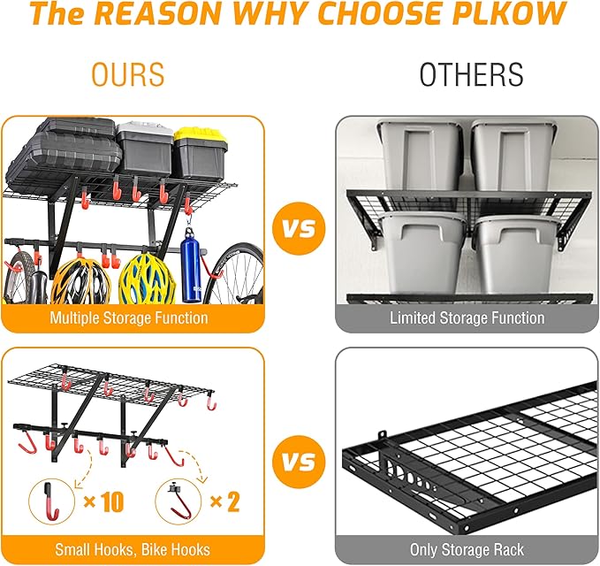 PLKOW Garage Wall Shelving 1 Pack Includes 2 Bike Hooks, Wall Shelves Garage