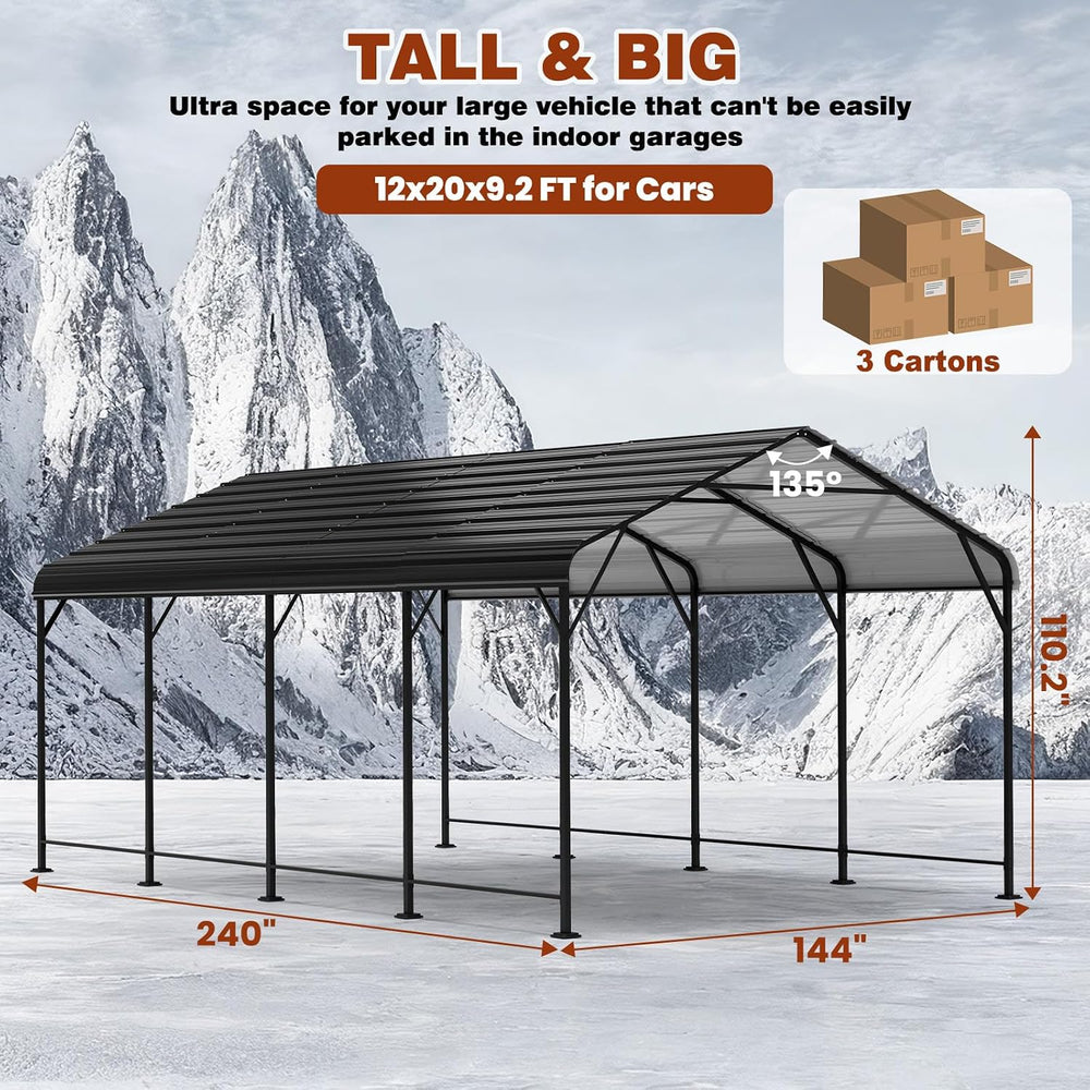 12x20 FT Oversized Metal Carport, Galvanized Steel Car Canopy with Enhanced B...