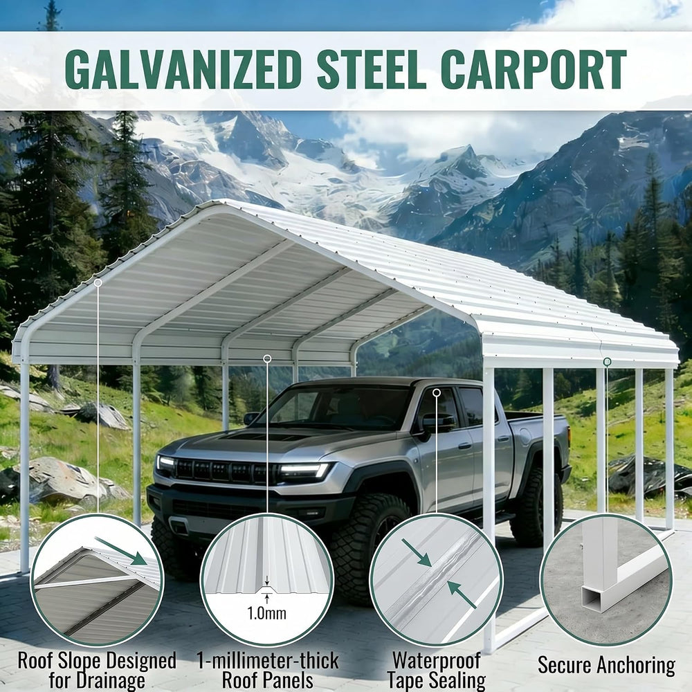 White 10x20 ft Heavy Duty Metal Carport Kit