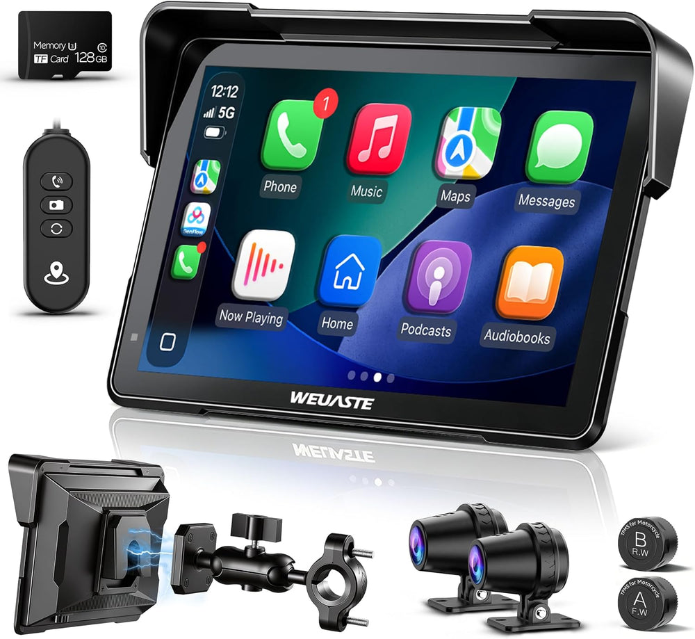 7" Motorcycle CarPlay GPS (Includes 128G SD) with Dual Dash Cam, HD Touc...