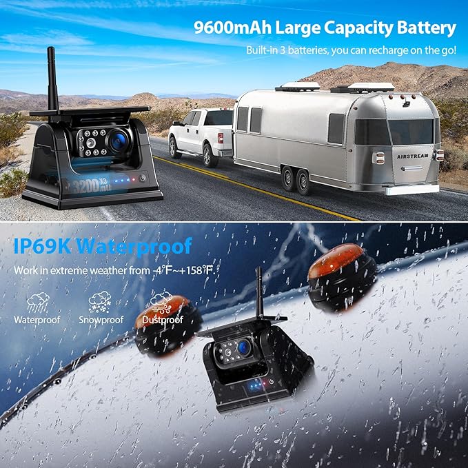 4 Magnetic Solar Wireless Backup Camera HD1080P 9" Loop Recording Monitor