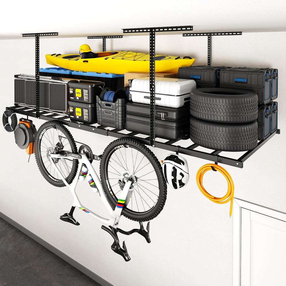FLEXIMOUNTS 4x8 Overhead Garage Ceiling Storage Rack with 6 Hooks, Black