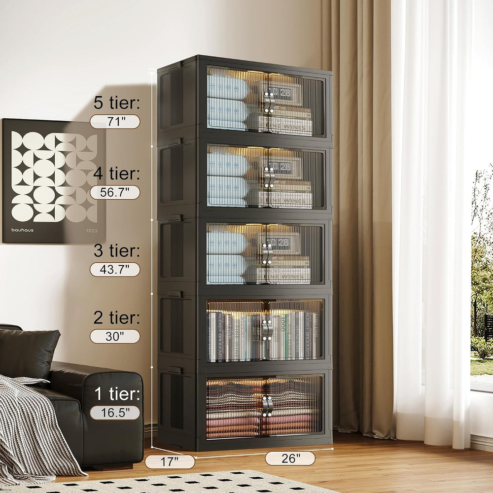 SAILUN 580Qt Stackable Storage Bins,Storage Cabinet with a Lid,5 Pack Black