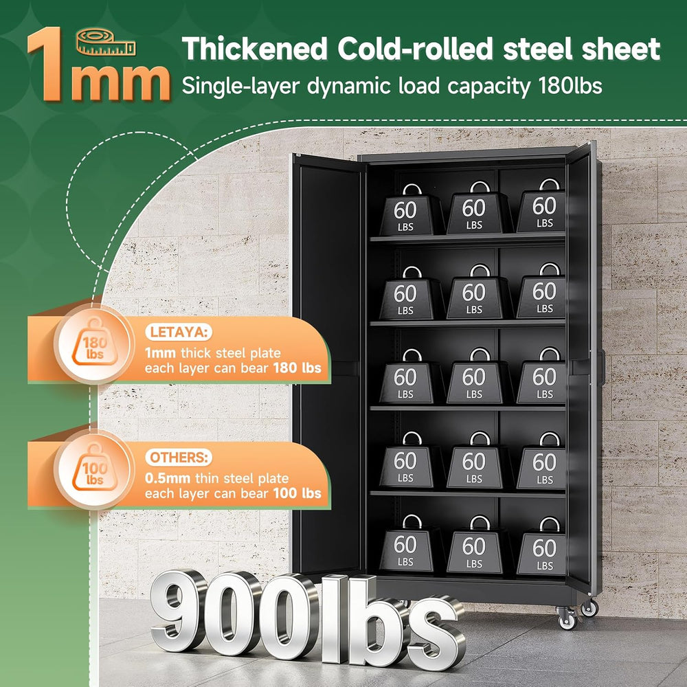 Metal Garage Storage Cabinet with Wheels,75" Black Tool Steel Locker