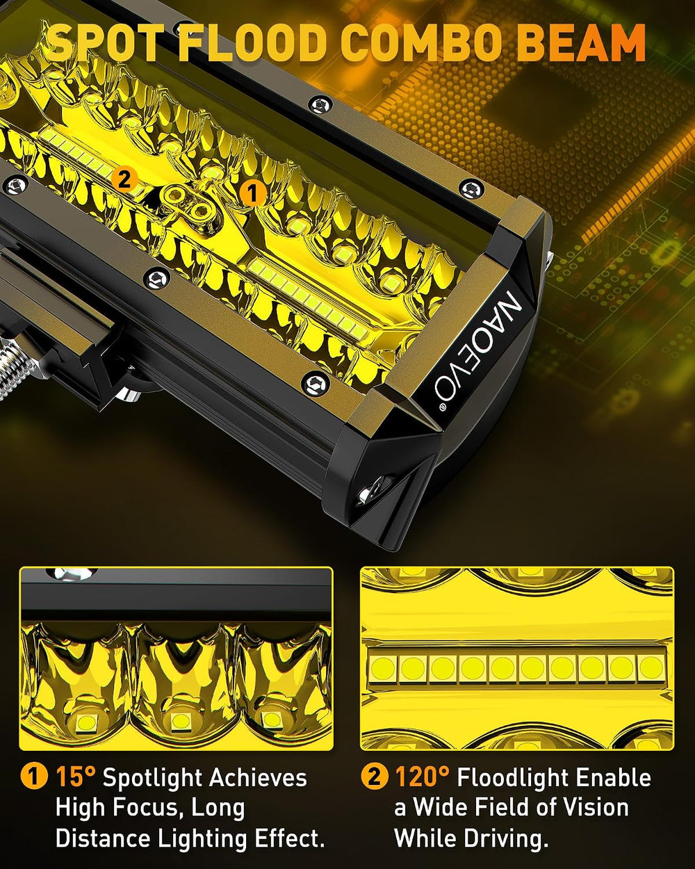 NAOEVO 7 Inch Yellow LED Light Bar, 240W 24,000LM LED Fog Lights, Yellow