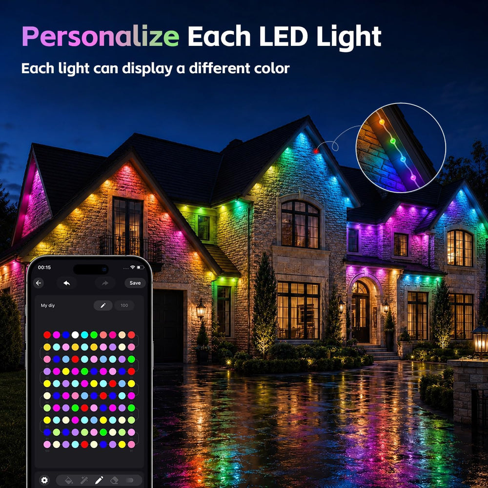 200FT Permanent Outdoor Lights for House, RGB+IC Smart Christmas Eave Light