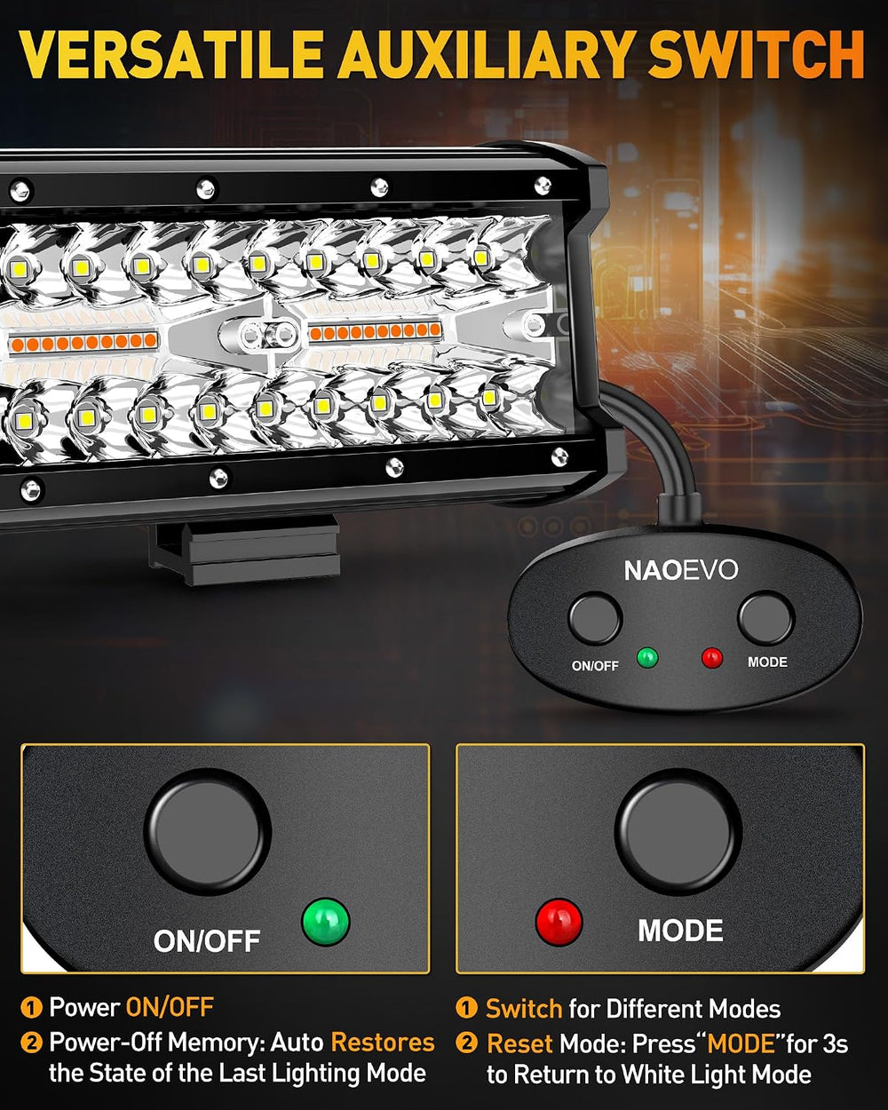 NAOEVO 7 Inch LED Light Bar, 6-Mode Strobe/Fog Lights with 2-Lead Harness