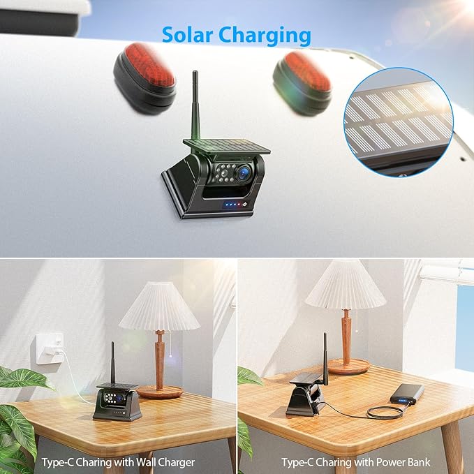 4 Magnetic Solar Wireless Backup Camera HD1080P 9" Loop Recording Monitor