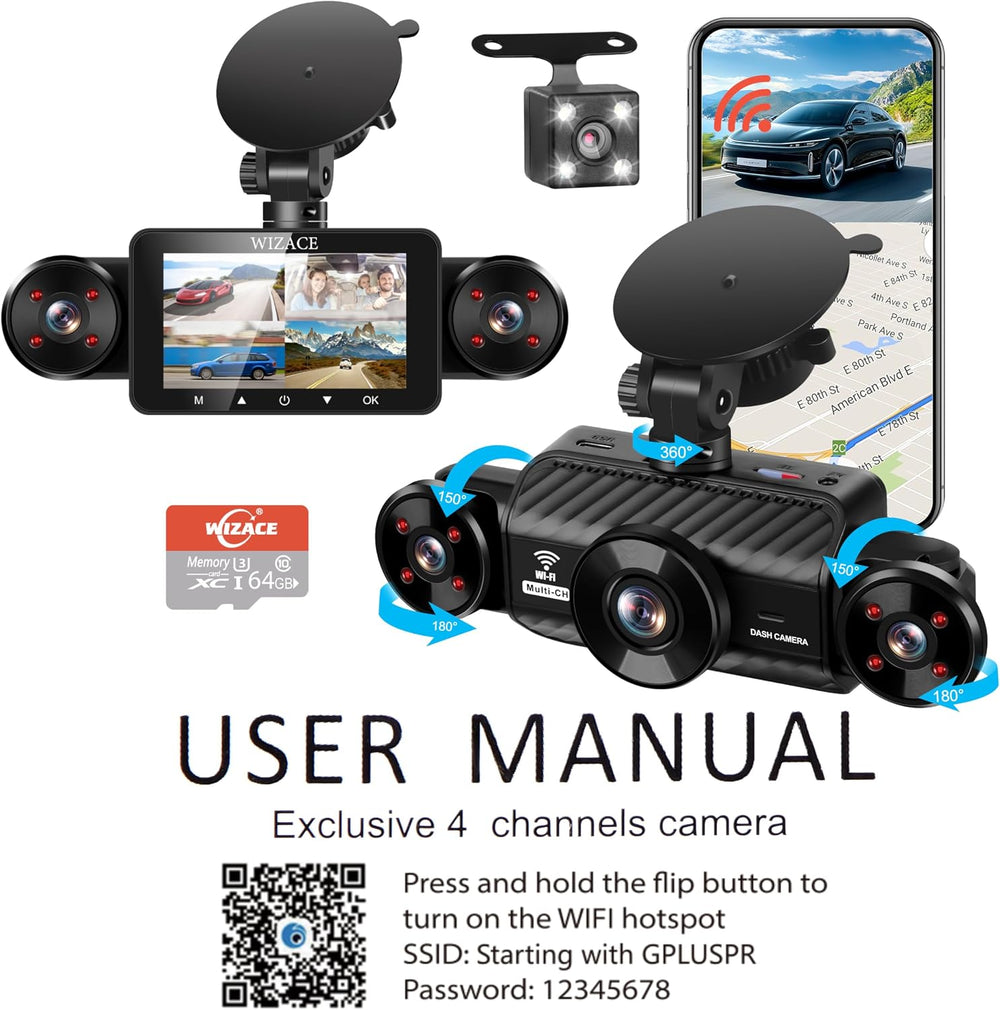 WIZACE 4 Channel Dash Cam 360 Degree View 5G WiFi & APP Control