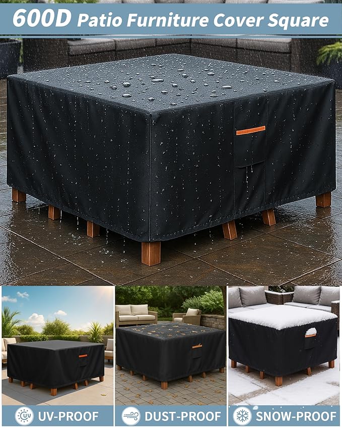 Outdoor Waterproof Furniture Cover, 86W x 86L x 28H inches Heavy Duty 600D