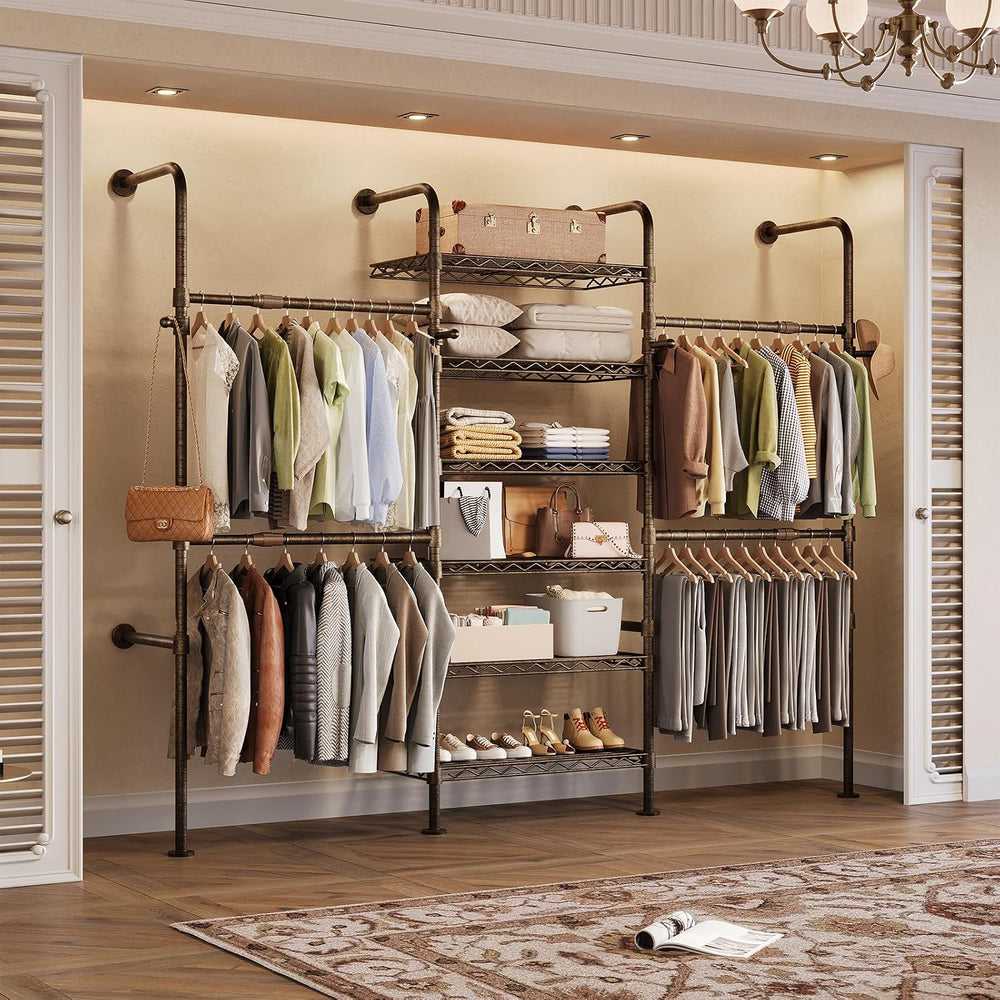 Wall Mounted Closet System, 3-Row Heavy Duty Garment Rack, Black and Gold
