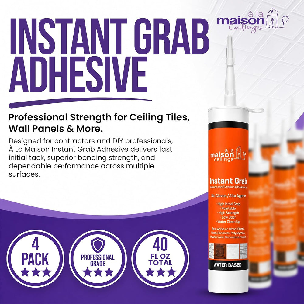 À LA MAISON CEILINGS Instant Grab White Adhesive - Ceiling Tile Wall Panel &a...