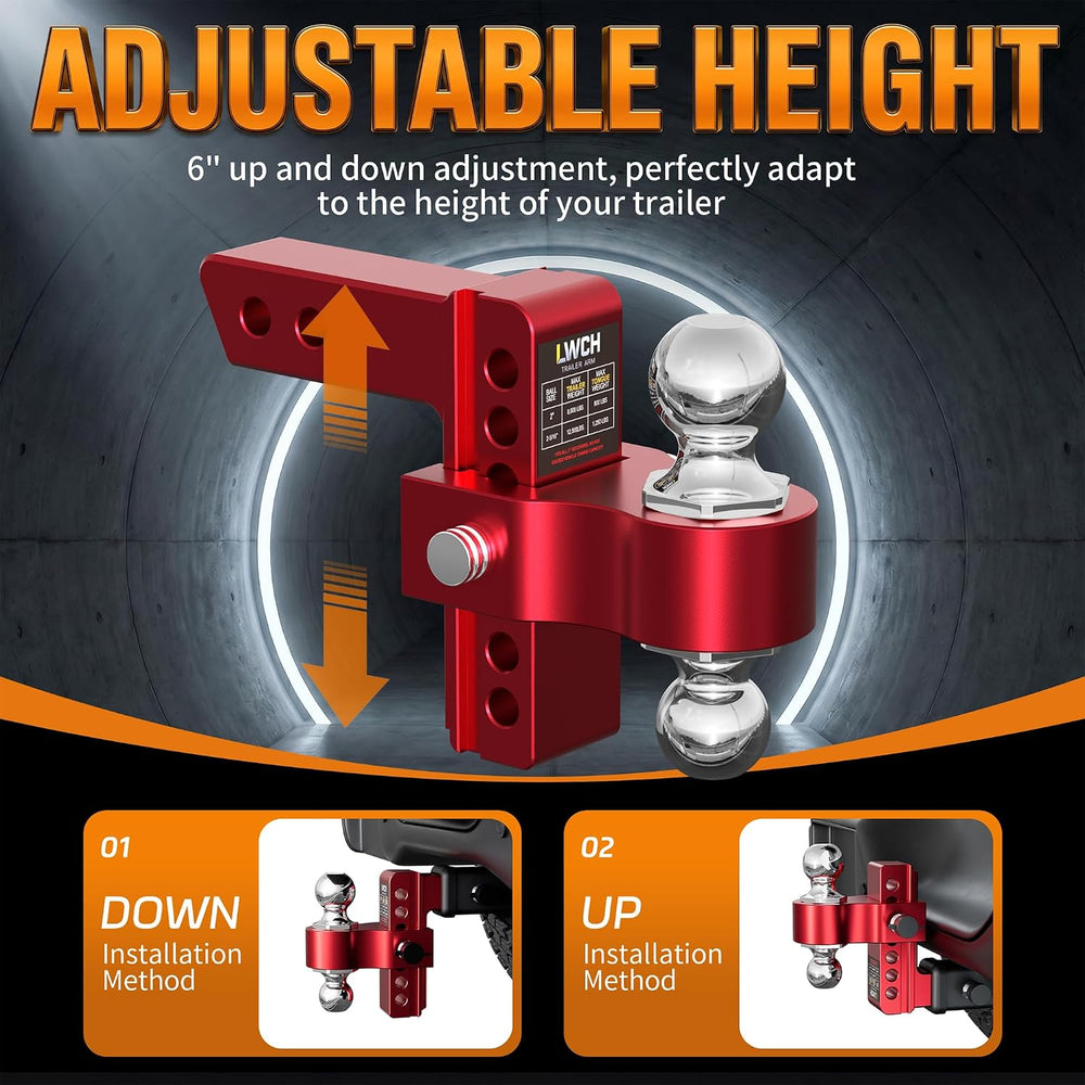 Red Adjustable Trailer Hitch for 2.5 in Receiver, 6 in Drop/Rise