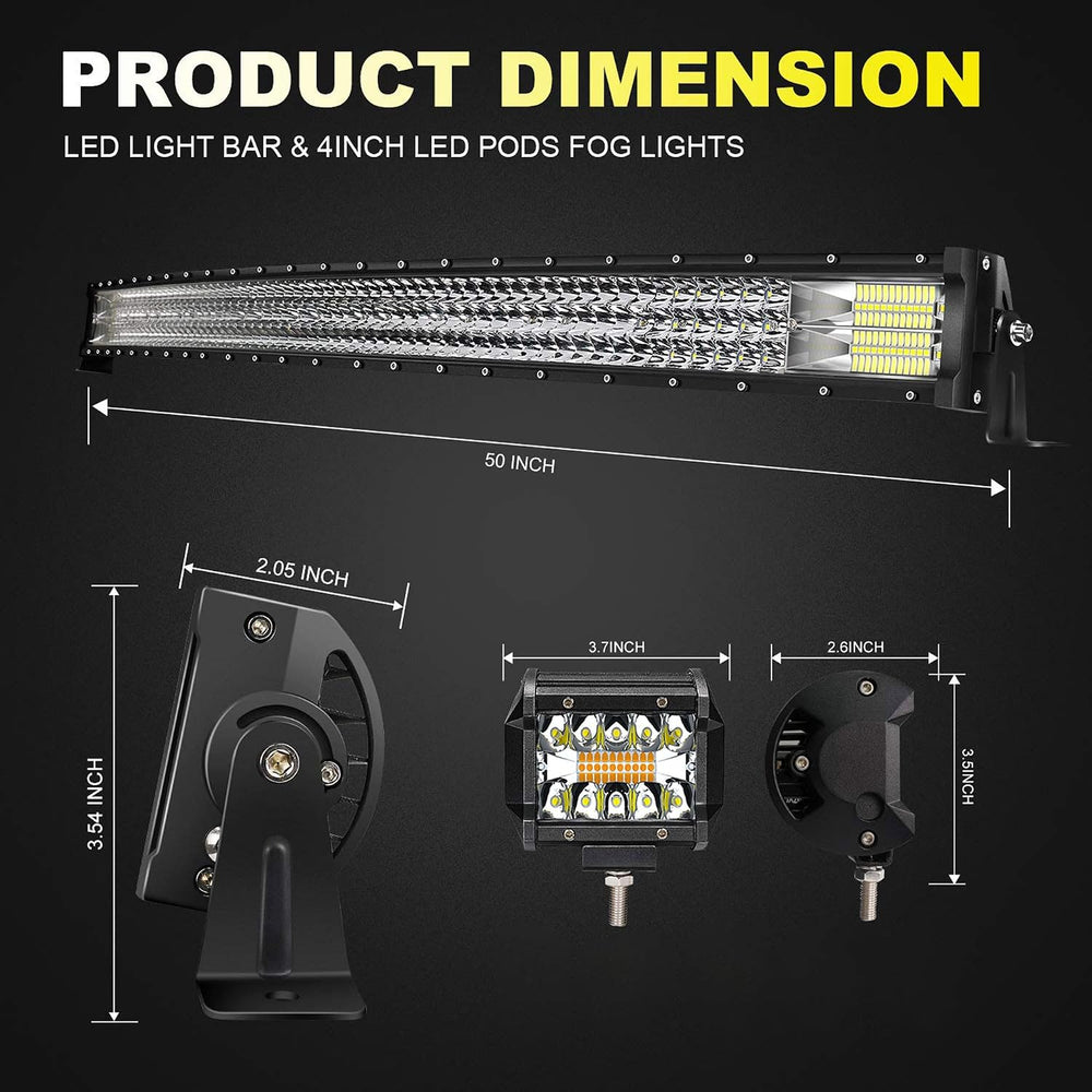 LED Light Bar 3-Row 50Inch Curved+ 2x4'' Amber/White Strobe Pods