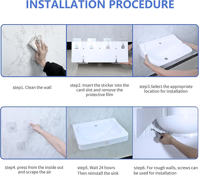 Wall Mount Bathroom Sink 19.7*15.3 No-Drill Installation Self-Adhesive Wash