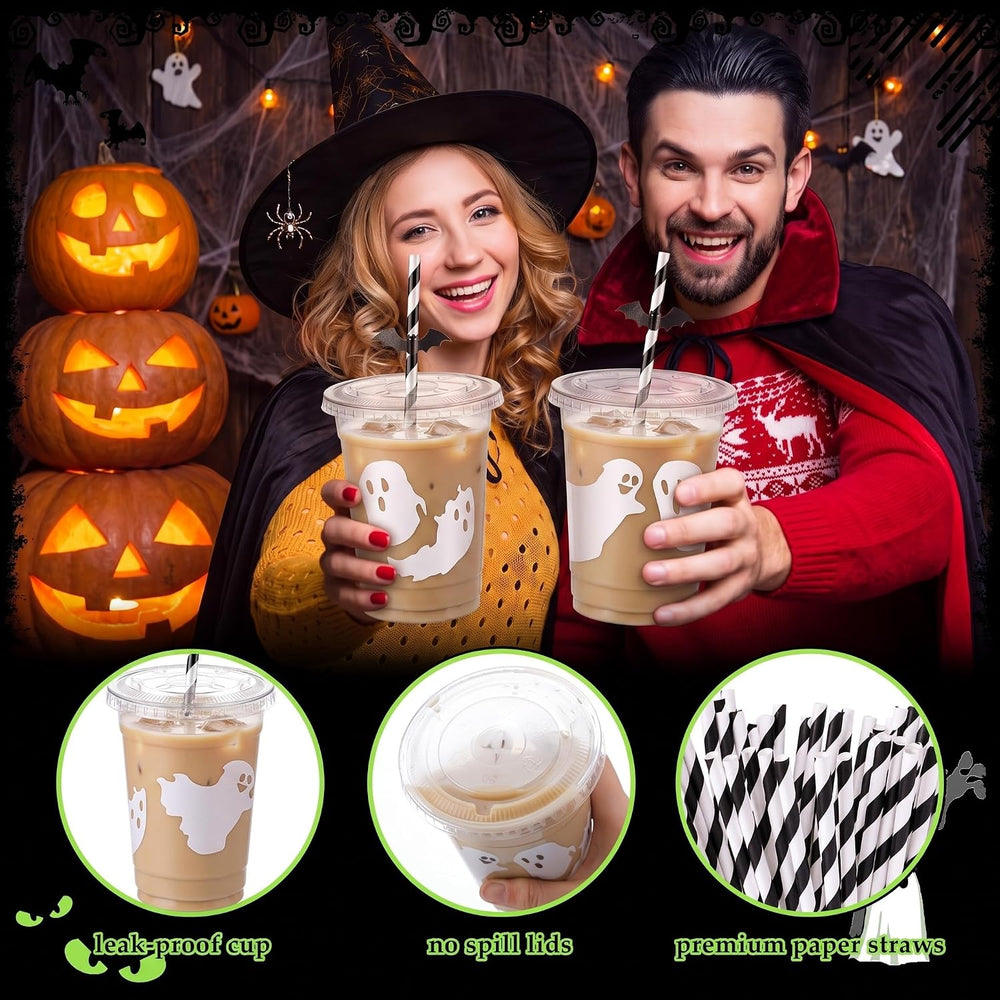 Jingmore 50 Set Halloween Ghost Lattes Plastic Cup 16 oz with Lid and Straw (...