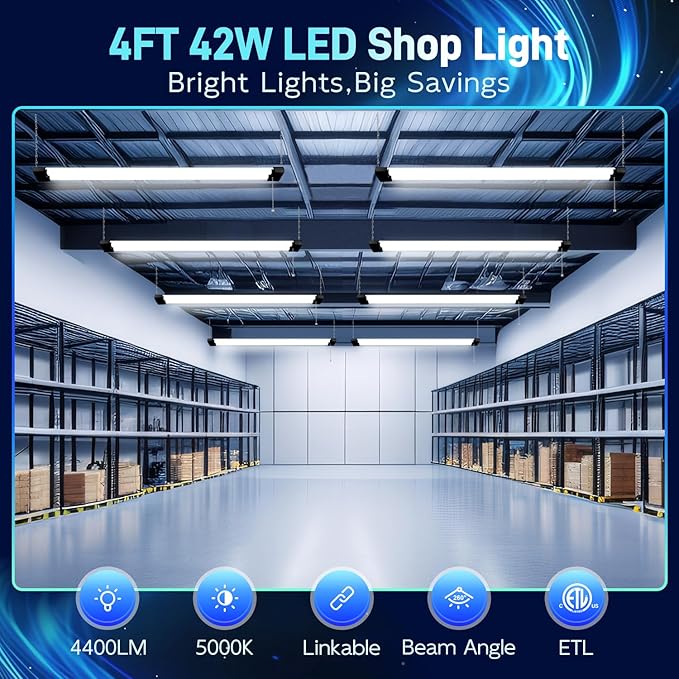 hykolity 4 Pack 4FT LED Shop Light, Linkable Utility Shop Lights, 5000K