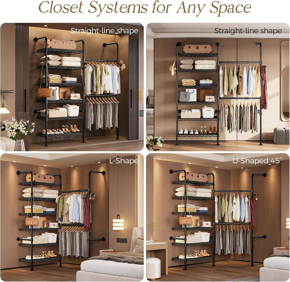 Wall Mounted Closet System, Heavy Duty 2-Row Clothes Rack, Expandable Industr...