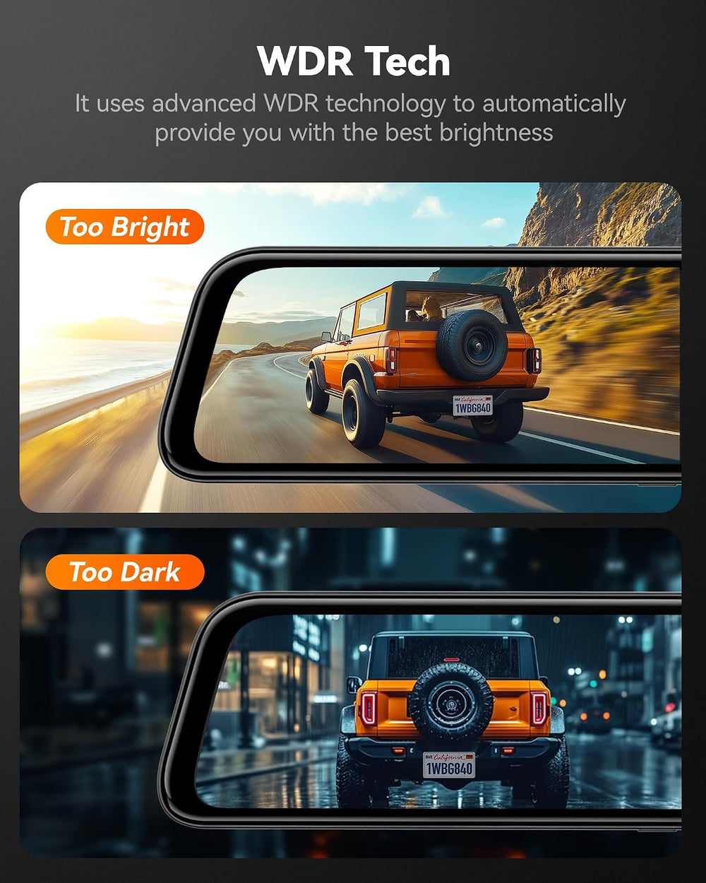 WOLFBOX G840S 12" 4K Mirror Dash Cam Backup Camera with 32GB Card and GPS