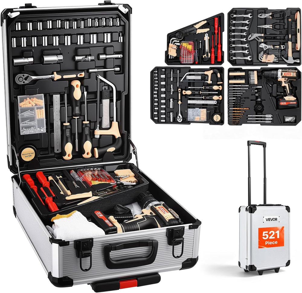 VEVOR 521-Piece Tool Set with 20V Cordless Power Drill, Rolling Tool Box