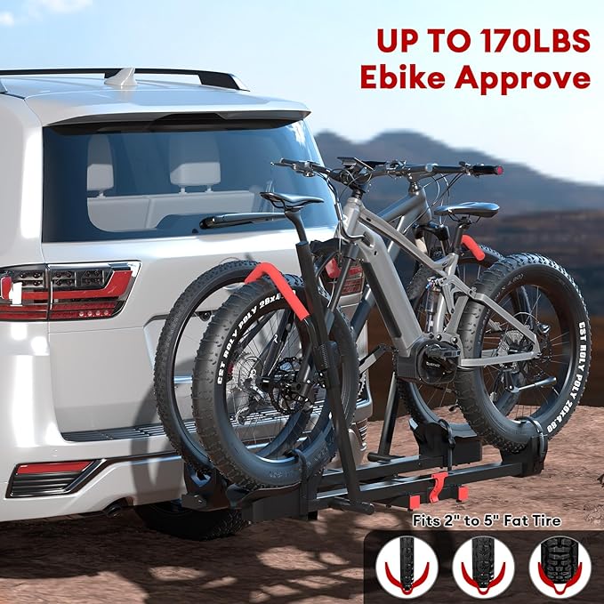 Hitch 2 EBike Rack with Ramp, 170lbs Capacity Electric Bike Carrier Foldable
