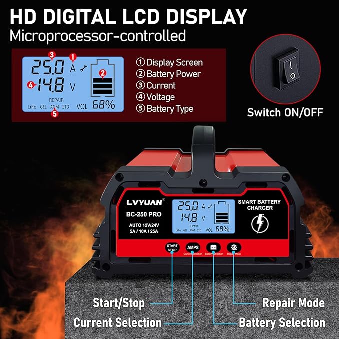 LVYUAN 25Amp Smart Car Battery Charger, 12V/24V Automotive Charger, Lead-Acid