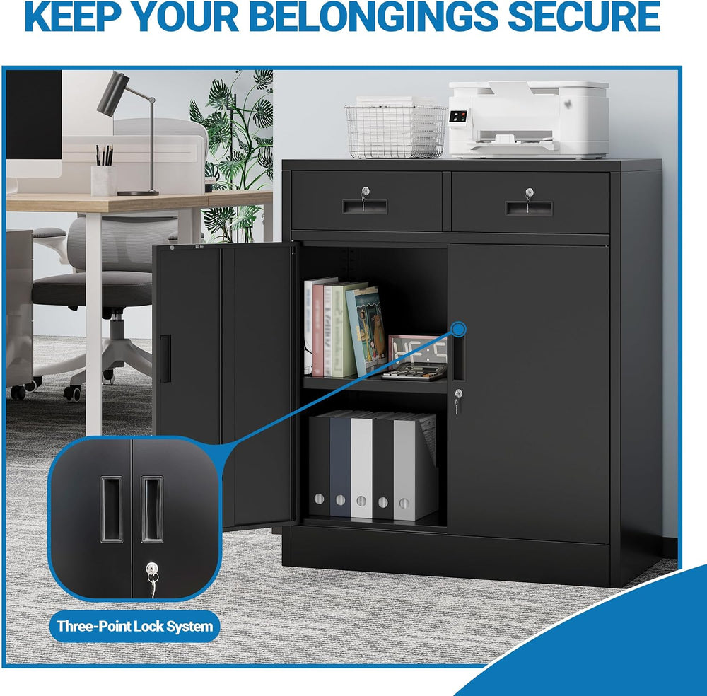 Metal Storage Cabinet, 36" Locking Cabinet with 2 Drawers & Shelves
