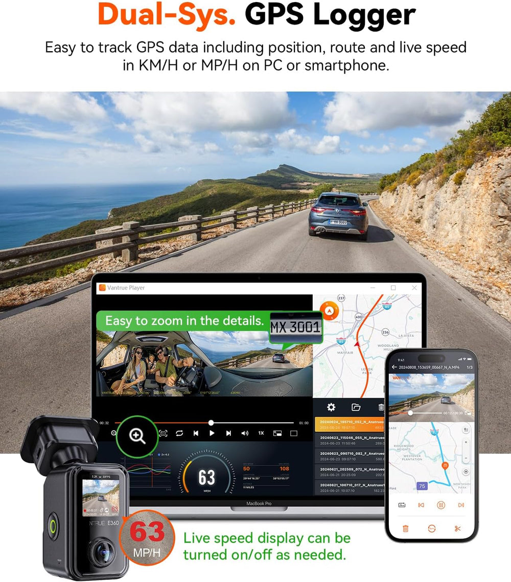 Vantrue E360 ACE All Channel Dash Cam 585° Fisheye Selfie Stick Tripod