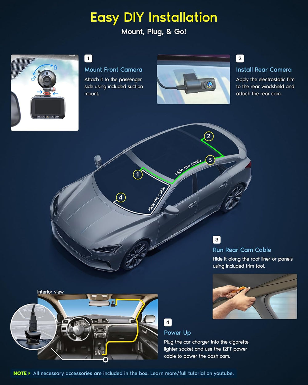ROVE R2-4K DUAL Dash Cam Front and Rear with Ultimate Hardwire Kit
