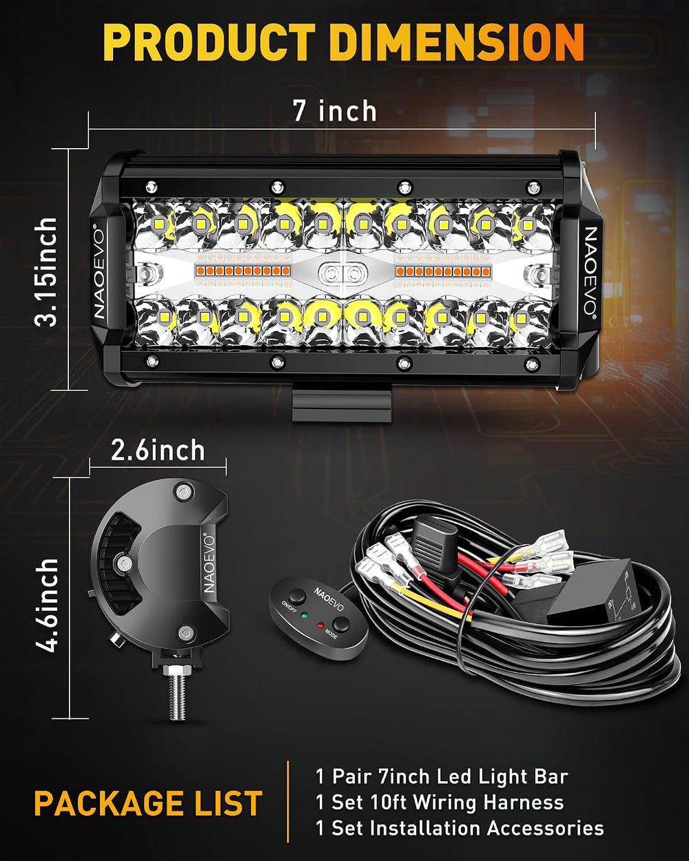 NAOEVO 7 Inch LED Light Bar, 6-Mode Strobe/Fog Lights with 2-Lead Harness