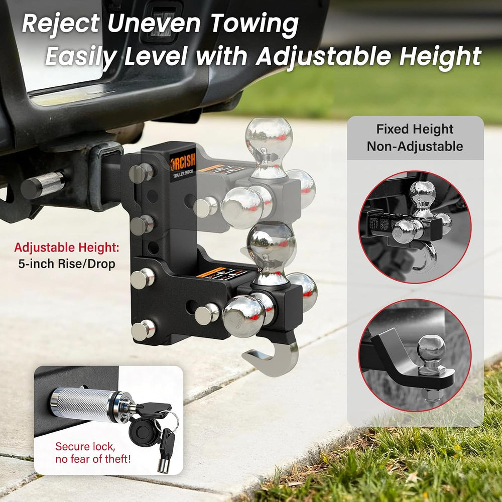 Adjustable Trailer Hitch, 360° Swivel Tri Ball Mount with Tow Hook & Lock
