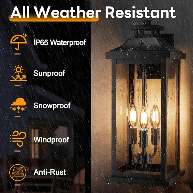 20" Large Dusk to Dawn Exterior Wall Light Fixture 3-Light, Waterproof M...