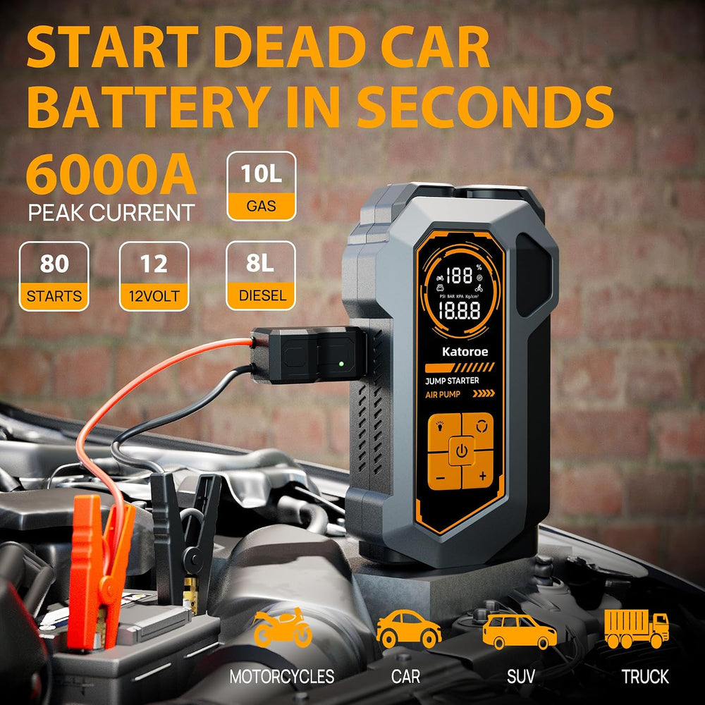 6000A Car Battery Jump Starter with Air Compressor 150PSI Tire Inflator