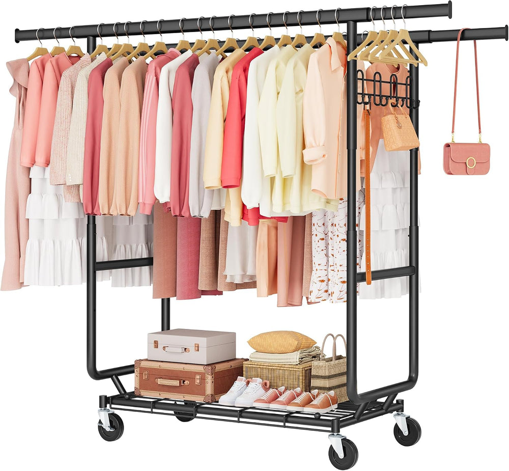 Hoctieon 2-Minute Assembly Double Rod Clothes Rack, Heavy Duty Rolling Clothi...