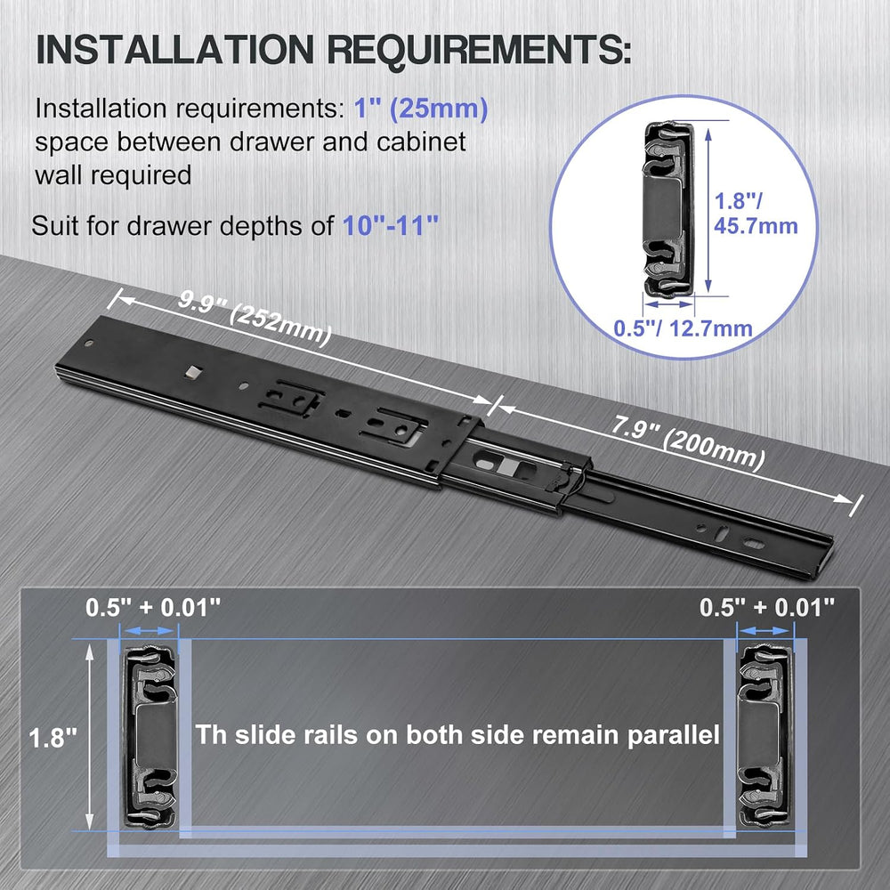 Soft Close Drawer Slides 10 Inch - Black, 5 Pair (10 Pieces)